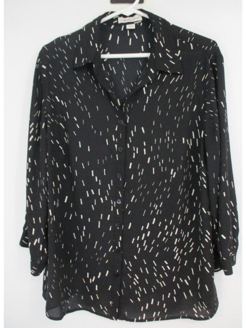 Coldwater Creek Womens Button Up Blouse XL Black Sheer Geometric 3/4 Sleeve